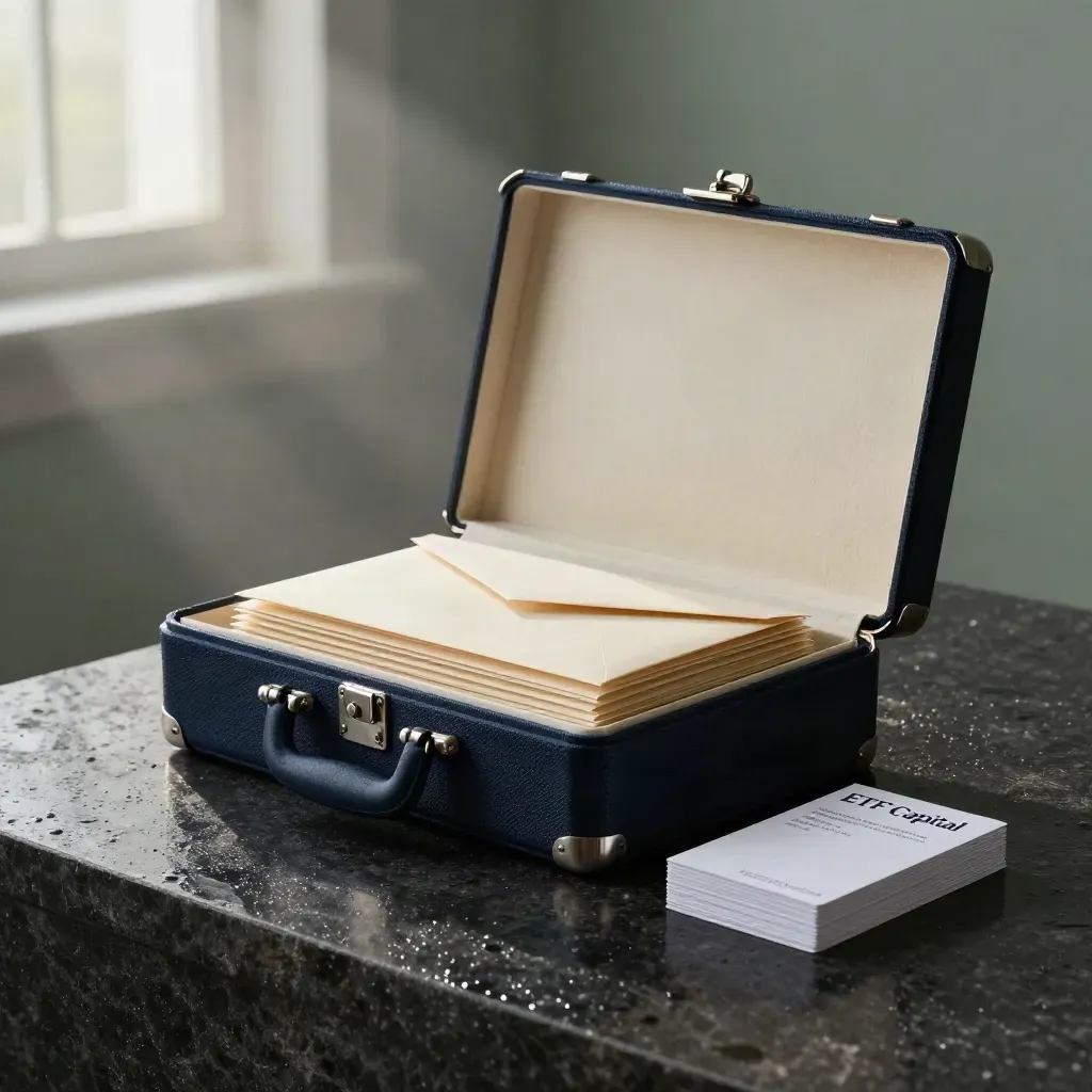Open navy ETF starter portfolio case on wet stone with cream inserts and soft dawn mist.