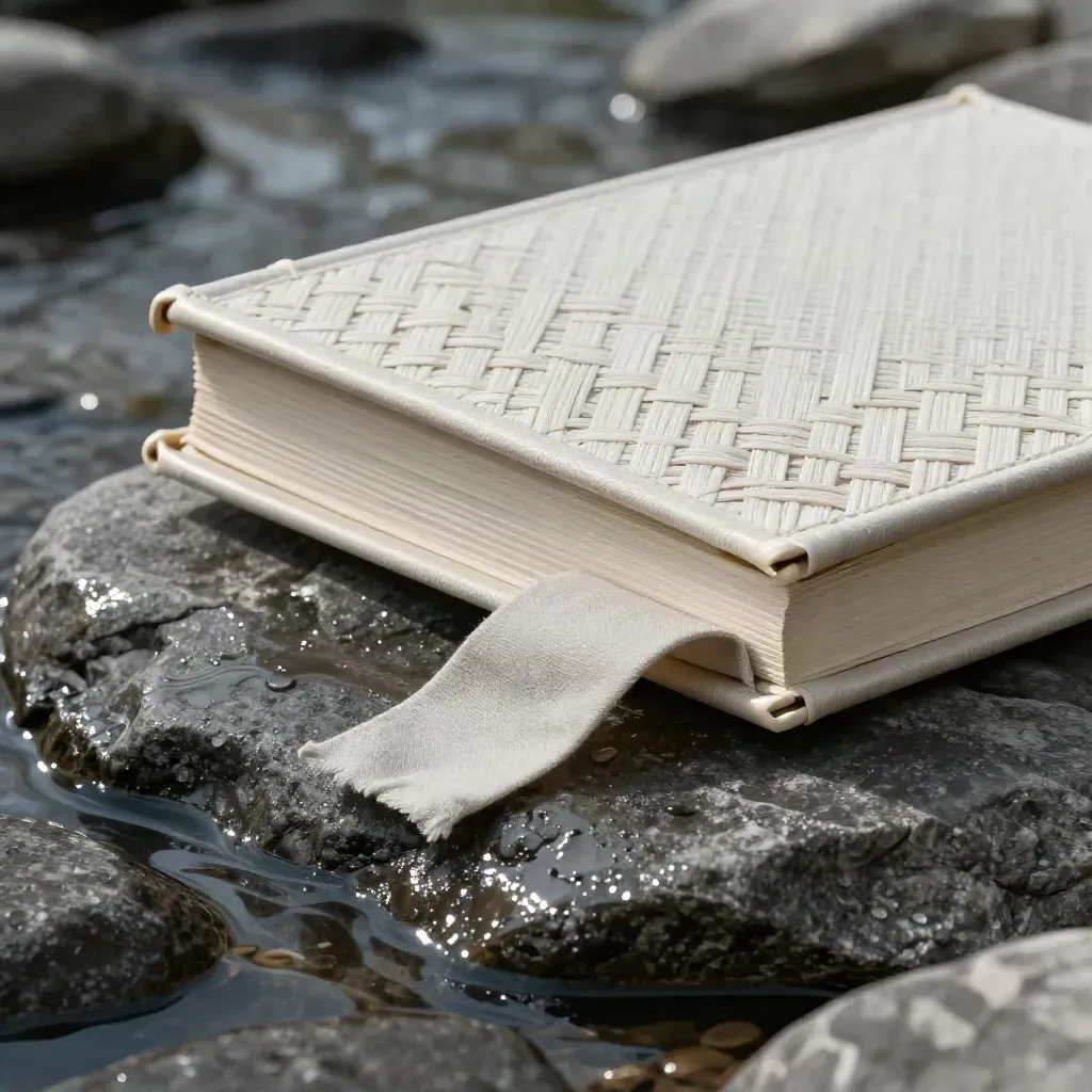 Cream portfolio folio on wet river stones with divider blocks and a folded cloth tab