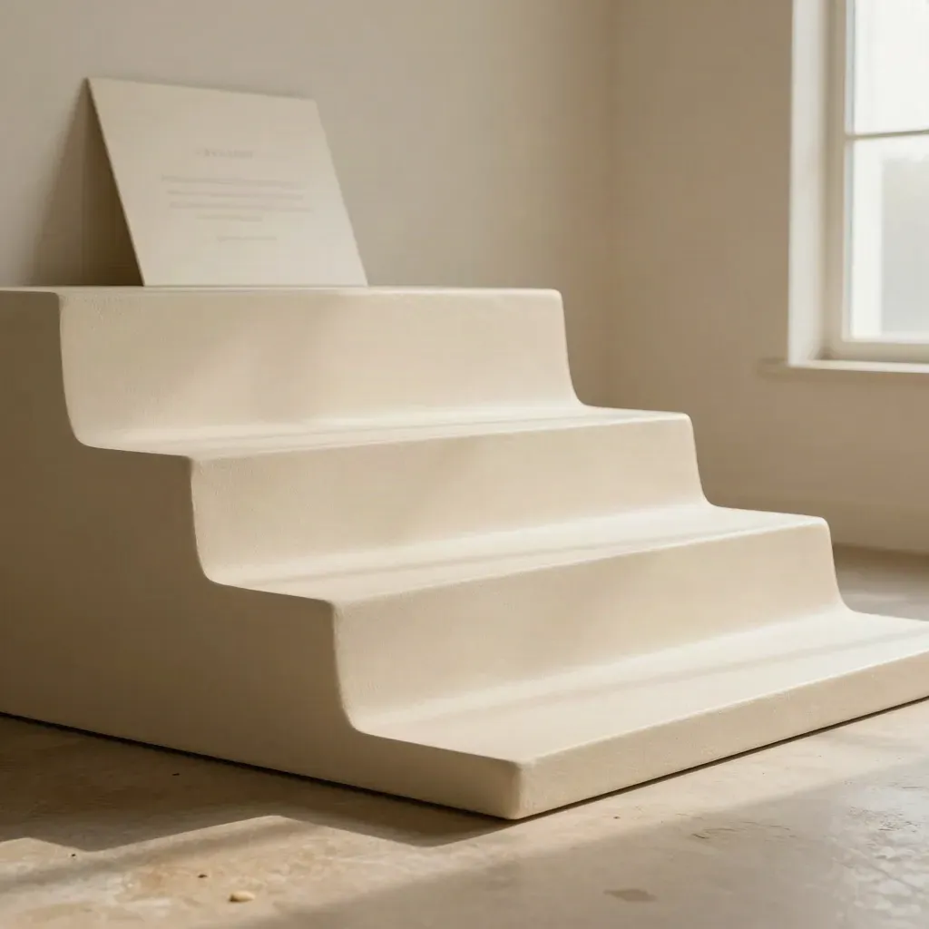 Cream portfolio terraces on plaster, low angle with warm raking light and haze