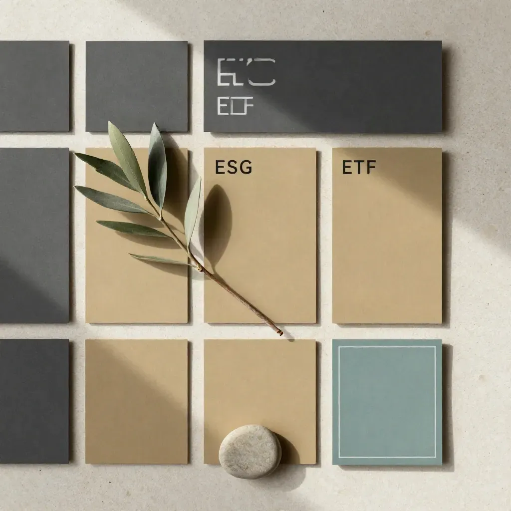 Overhead ETF screening cards with a sprig and stone disc on limestone
