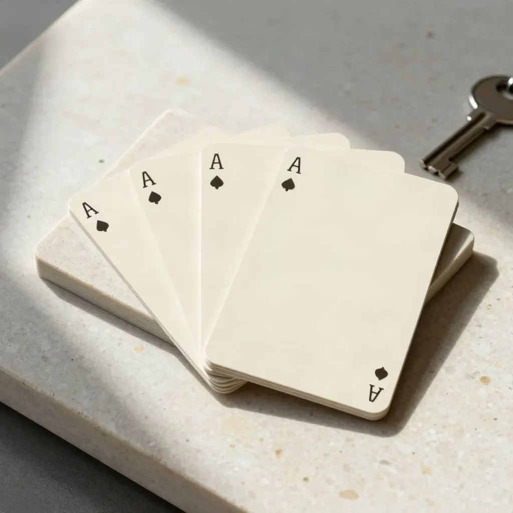 Cream ETF card deck with stone wedge and two inserts on pale travertine, shot straight down.