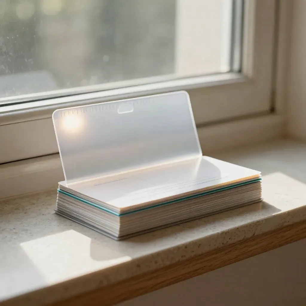 Translucent finance sleeve with layered cards, teal accent and soft window reflections on pale stone.