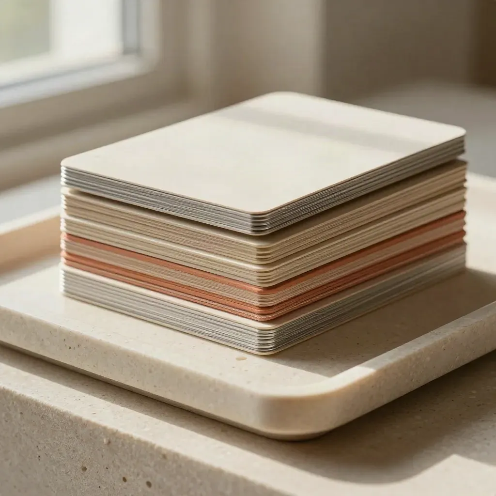 Macro of stacked stone-like blocks and aligned cards on a pale tray in soft raking light