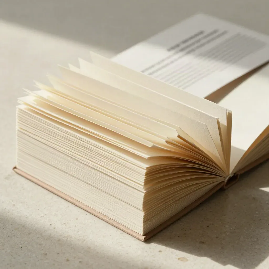 Cream fold-out retirement folio with layered panels and a stone paperweight on pale stone.