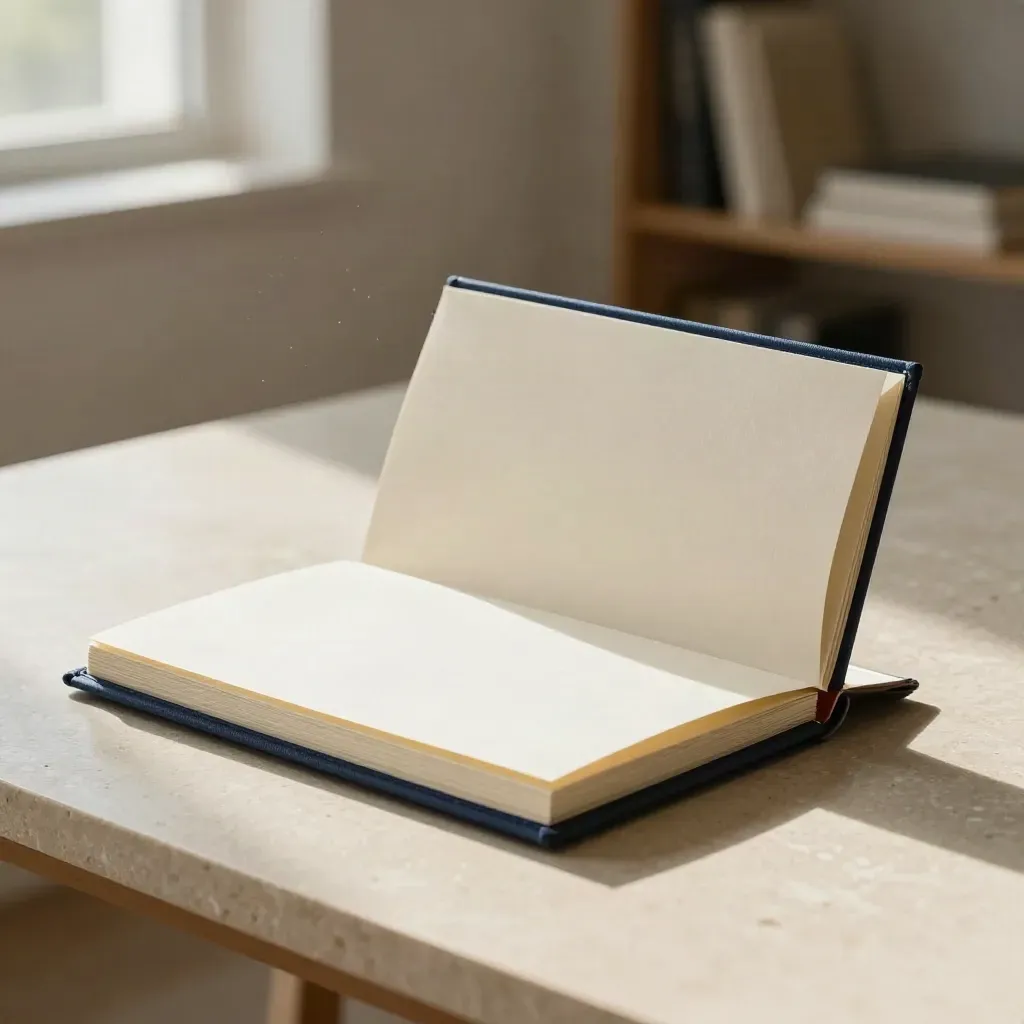Cream portfolio sleeve opening beside a folded card and insert on pale limestone, lit with dusty daylight