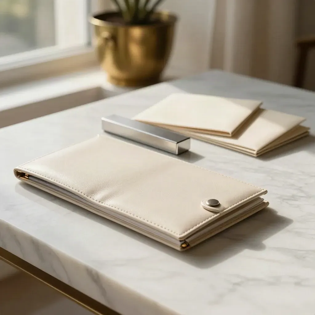 Marble financial backdrop with brass planter, linen curtain, and calm open space for copy