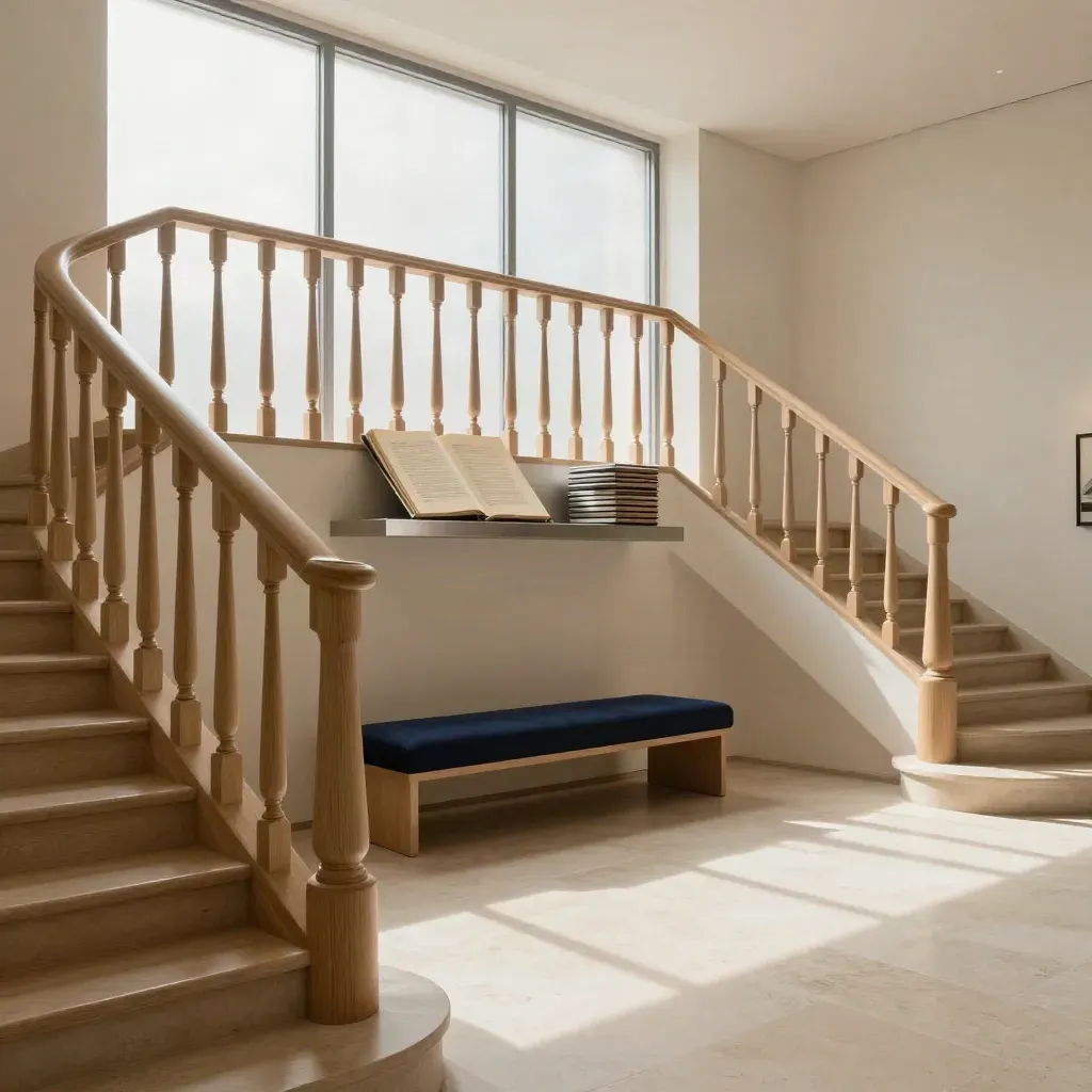 Oak-lined gallery with curved stair, soft window light, and calm stone floor for copy